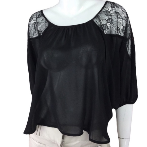 Black Flowy Chiffon Lace Round Boat Neck Quarter Sleeve Dressy Blouse Siz Medium - Picture 9 of 14